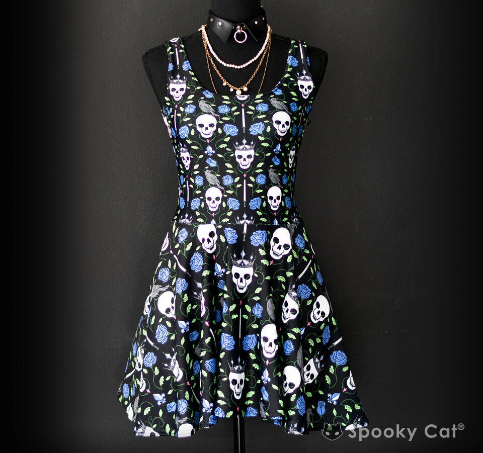 blue skull dress Blue Rose & Skull Gothic Skater Dress M