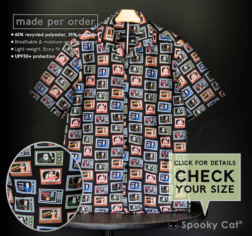Your new favorite spooky button-up shirt! This Horror TV print features 80s slasher icons on featherlight, moisture-wicking fabric for everyday scares.