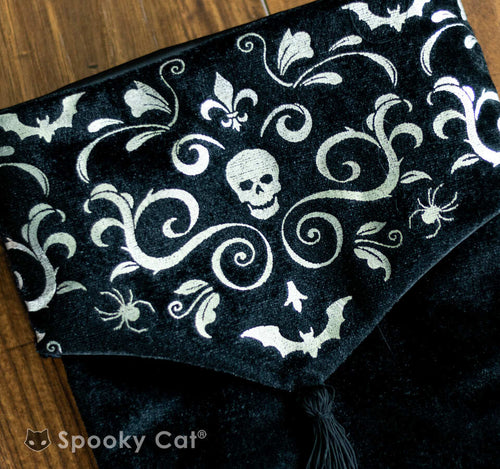 Gothic Creepmas stocking in black with silver damask skull and bat design