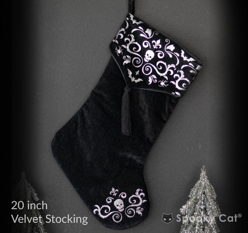 Black Gothic Christmas stocking with silver skull, bat, and swirl filigree