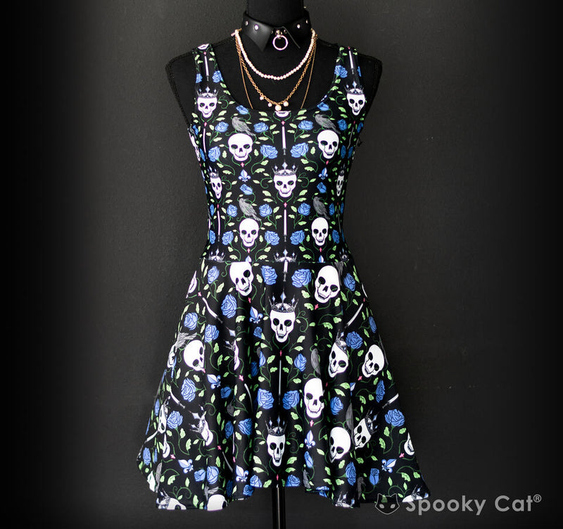 Gothic Skater Dress with Bliue Rose and Skull Pattern - Queen of Thorns Print
