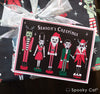 Season’s Creepings card featuring Frankenstein, Bride of Frankenstein, Jack Skellington, Dracula, and Krampus as nutcracker