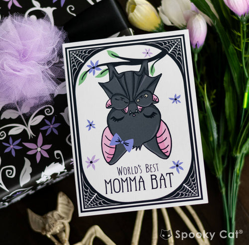 Cute bat gothic mother's day card with a bat hanging with her little baby bats