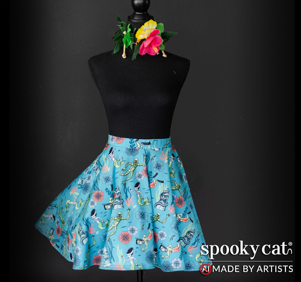 Mannequin the Dead Sea Monster Tiki Skater Skirt displaying the complete underwater tiki-inspired pattern with mermaids, sea monsters, and coral.