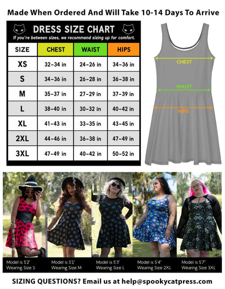 Spooky Cat's dress size chart and sizing guide for a women's skater dress. The top section is a black information panel with size categories XS through 3XL, chest, waist, and hip measurements, plus a gray dress outline with labeled measurement areas.