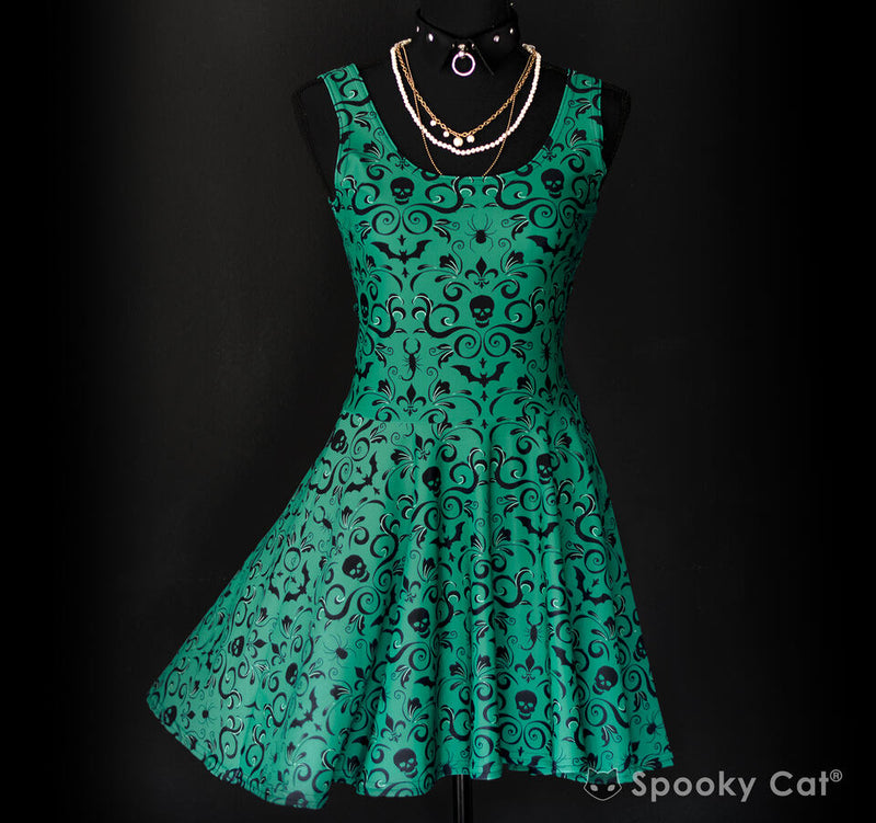 Green Skull Damask Skater Dress Spooky Cat Press Green Skull Damask Skater Dress Spooky Cat Press