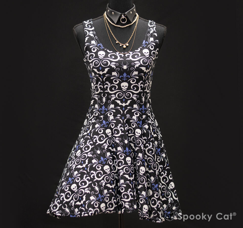 Gothic Skull Damask Skater Dress (Black) Spooky Cat Press Gothic Skull Damask Skater Dress (Black) Spooky Cat Press