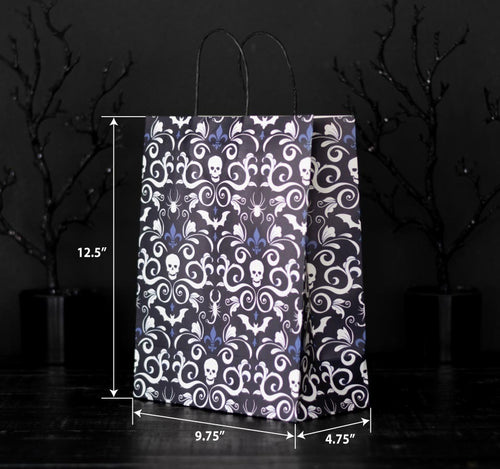 Gothic Gift Bag with skull and bat damask pattern, heavy-weight paper, premium matte finish, 12.5 x 9.75 x 4.75 inches.