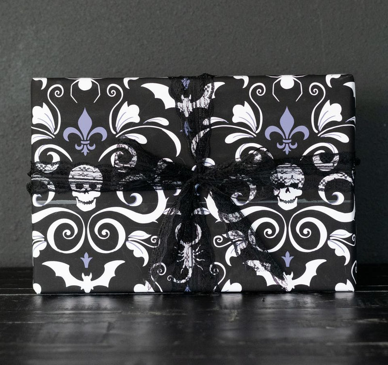 Gothic Skull Damask Gift Wrapping Paper in Black