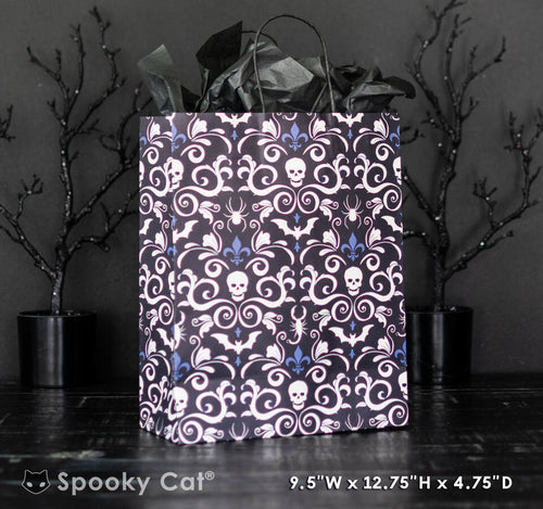 Gothic Gift Bag with skull and bat damask pattern, heavy-weight paper, premium matte finish, 12.5 x 9.75 x 4.75 inches.