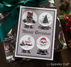 Merry Gothmas card with four spooky snow globes featuring haunted house, Christmas tree, skeleton bird, and skull in Santa hat. Perfect for Creepmas