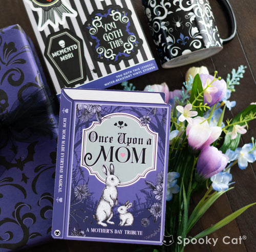 Book-shaped Mother's Day card titled “Once Upon a Mom” with vintage bunny illustration and floral border