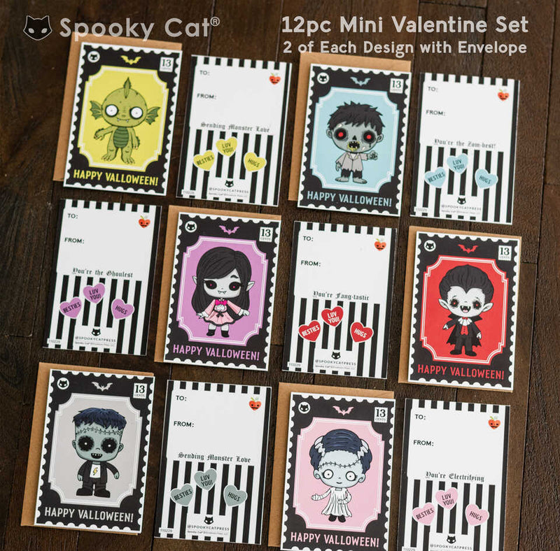 cute valentines monsters Cute Monster Mini Valentine's Card Set (12 pcs) – Spooky Cat Press