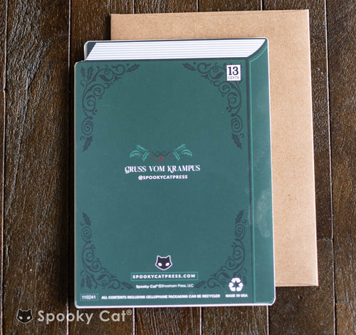 Gothic Krampus card styled like a vintage book cover with festive horror illustration