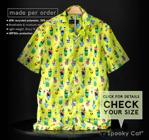 Monster Tiki button up shirt featuring classic monsters as tiki cocktail mugs