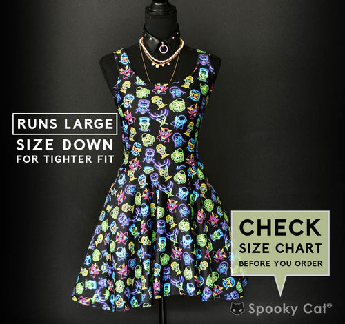 Neon Classic Monster Dress with colorful retro horror characters on black, fit & flare skater style.