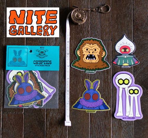 Cute Set of four Cryptid Die-cut stickers featuring Mothman, the Fresno Nighcrawler, Sasquatch, and the Flatwoods Monster from Nite Gallery