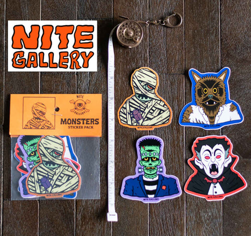 Set of four Classic Monster Die-cut stickers featuring Frankenstein's Monster, the Mummy, Werewolf, and Dracula from Nite Gallery