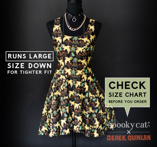 Spooky Cat x Derek Quinlan skater dress with neon ghost, bat, and skull print on black.