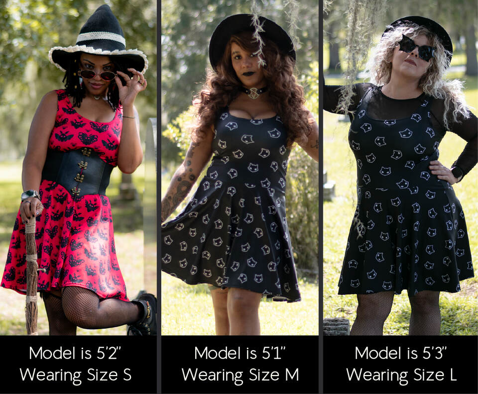 Three vertical panels show a models of  different heights and sizes outdoors showing a side by side view of the models in the dress size they are wearing. 