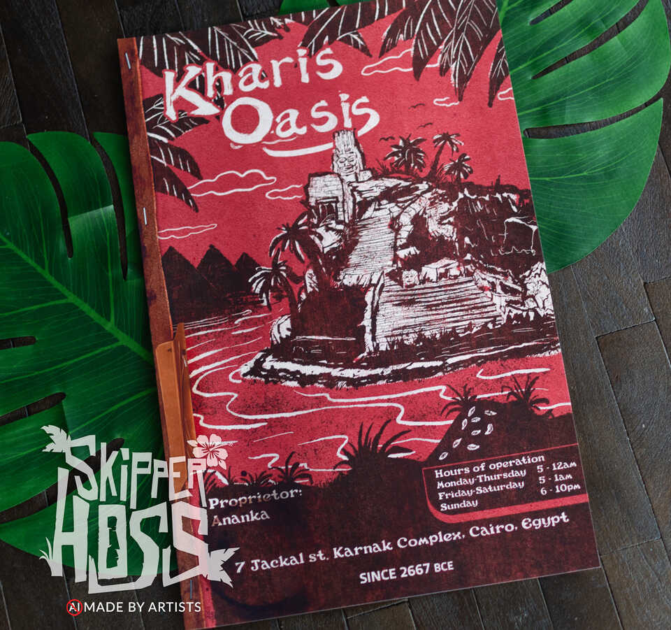 Vintage-style Skipper Hoss art print featuring Kharis Oasis, a tropical island retreat surrounded by ancient ruins and palm trees.