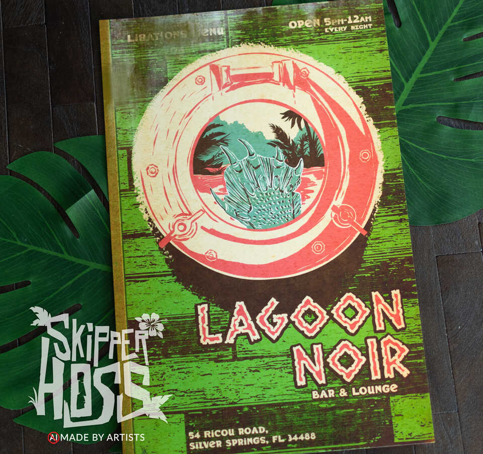 Vintage-style Skipper Hoss art print featuring Lagoon Noir, a tropical lagoon lounge viewed through a life preserver with a creature emerging from the water.