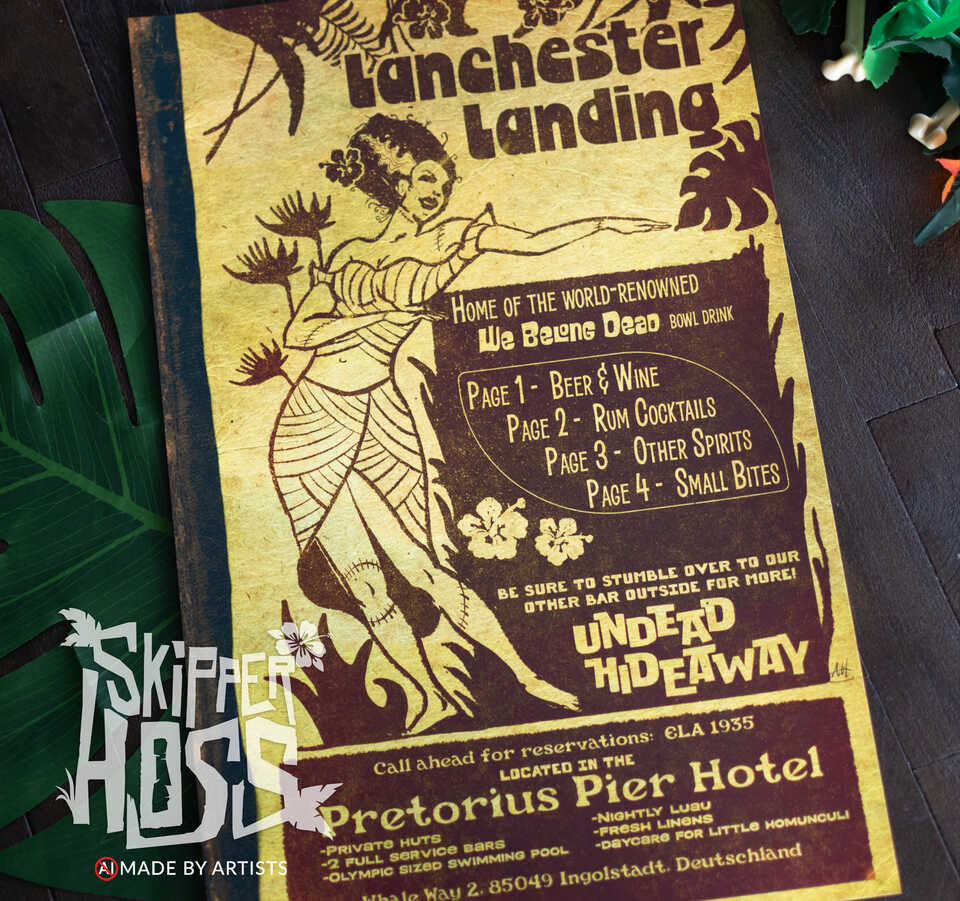 Vintage-style Skipper Hoss art print featuring Lanchester Landing with a dancing mummy hostess and retro tiki lounge menu design.