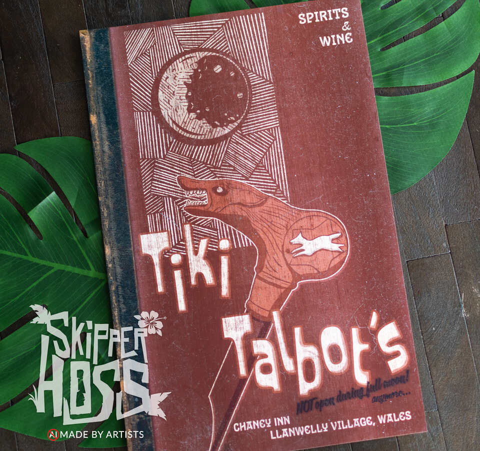 Vintage-style Skipper Hoss art print for Tiki Talbot's featuring a stylized wolf creature and retro lounge menu cover design.