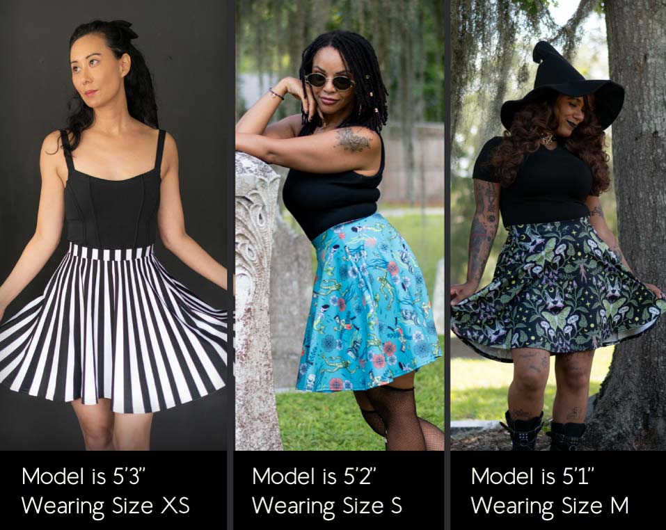 Three models wearing different sizes of Spooky Cat skater skirts, shown in a side-by-side collage with text indicating model height and size.