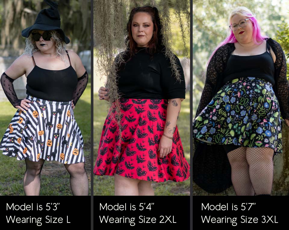 Three models wearing plus-size Halloween-themed skirts in outdoor settings. The left model wears a black witch hat and a black-and-white striped skirt with orange pumpkin prints.