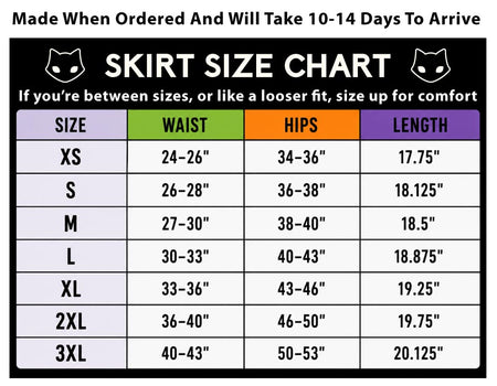 A skirt size chart graphic with a black background, white text, and colored headers for waist, hips, and length. It lists sizes XS through 3XL with corresponding measurements.