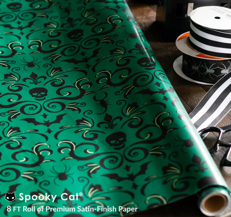 Gothic Wrapping Paper in Emerald Green color with our Skull Damask pattern