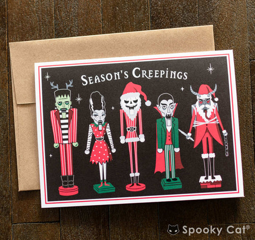 Spooky nutcracker Creepmas card with gothic Christmas monster characters