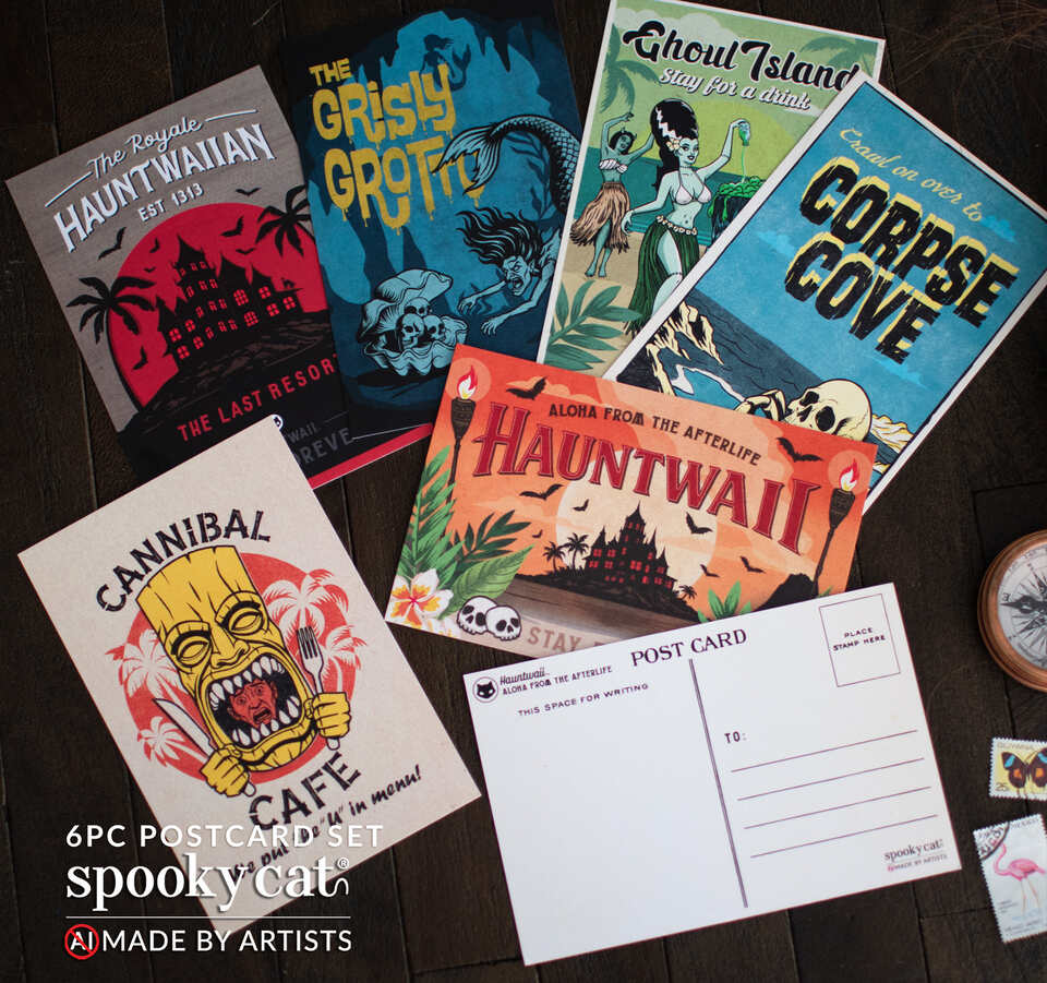 Set of six Hauntwaii Tiki-themed postcards on a wooden surface with 'Spooky Cat' branding.