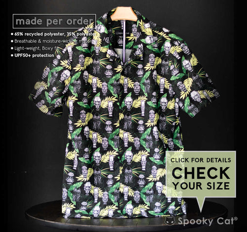 A tropical twist on horror icons! This Spooky Tiki Totem shirt blends monsters with tiki art for parties, conventions, or everyday tiki living.