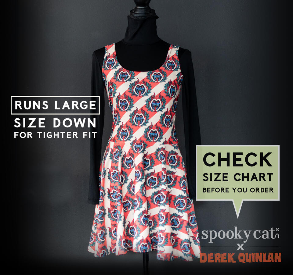 Vintage Stripe Krampus Dress featuring Derek Quinlan’s original Krampus art on red and cream stripes, perfect for spooky Creepmas style.