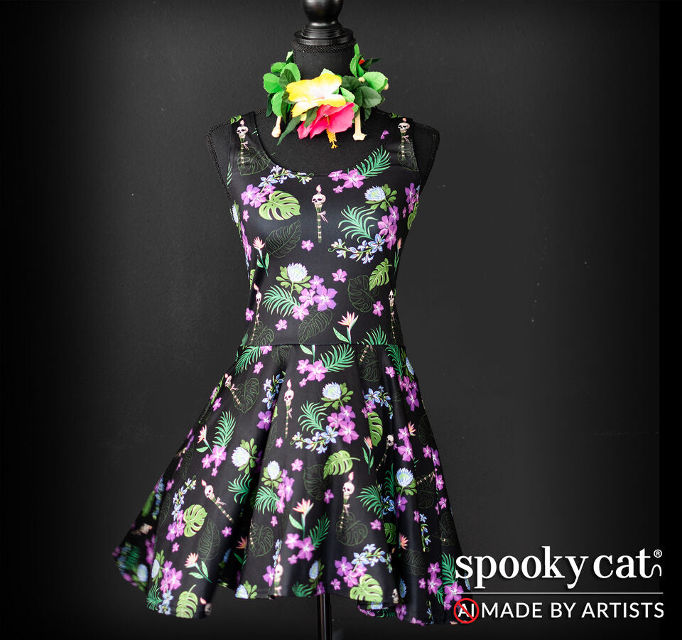 Front view of Goth Tiki Floral Dress on a mannequin with tropical flowers, greenery, and skeletal tiki artwork on a black background.