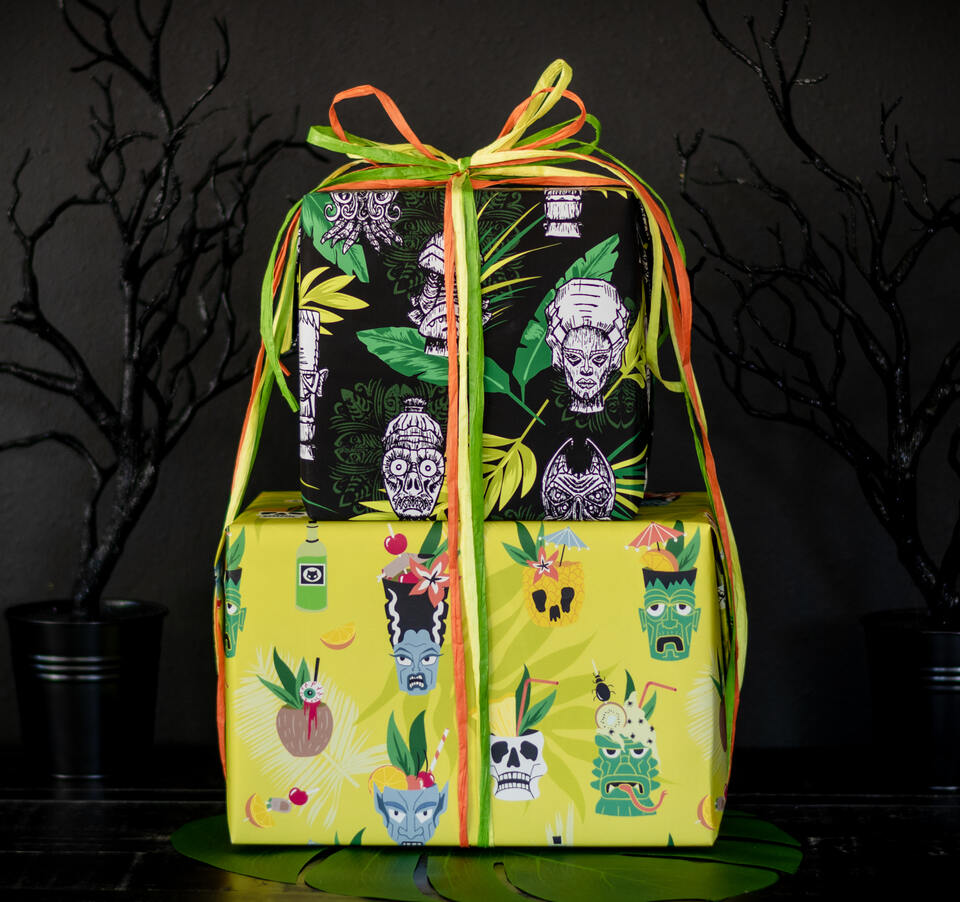 Tiki Gift Wrap - Tiki Wrapping Paper featuring Spooky Tiki Art with kitschy classic monsters on a tiki vacation