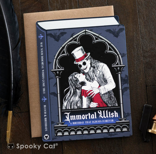 Vampire birthday card styled like a gothic romance novel with a vampiric couple and moody cathedral-inspired design.