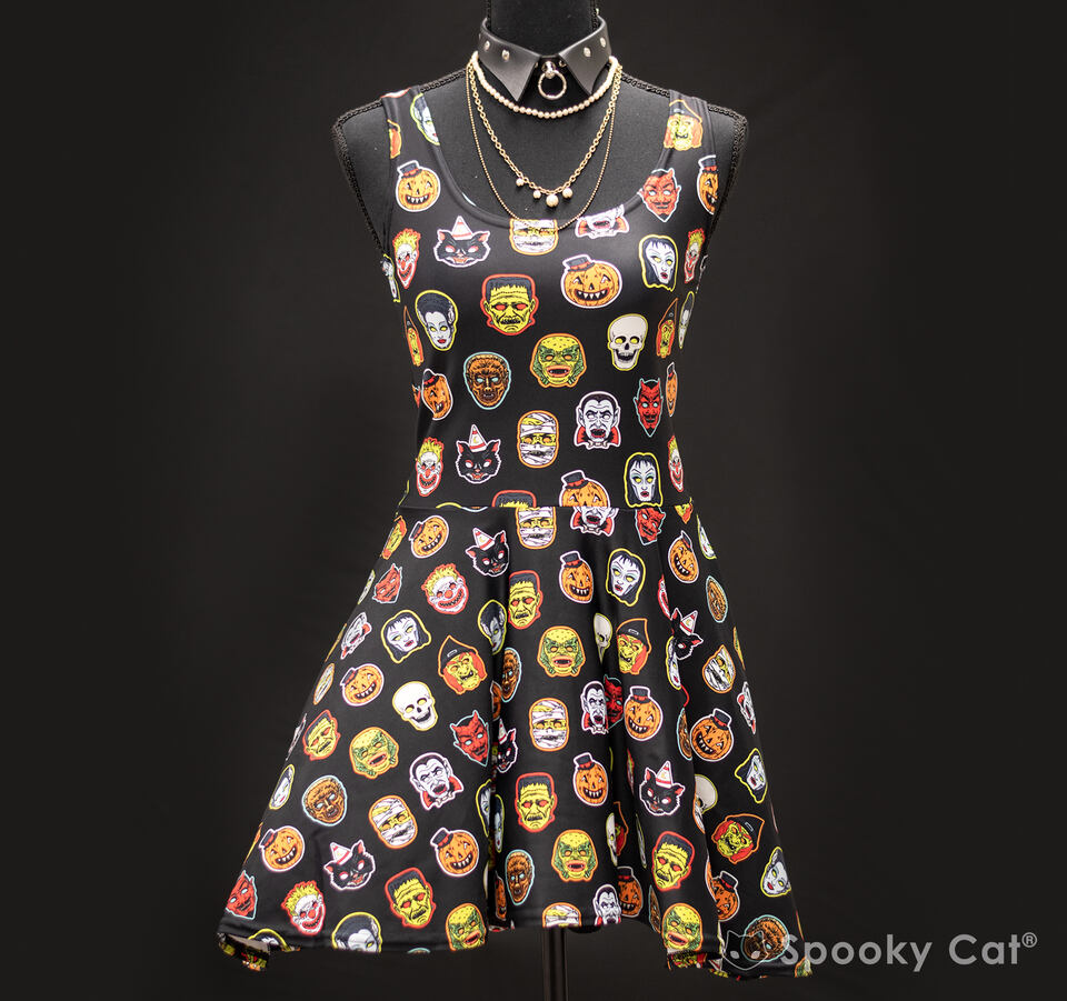Vintage Halloween Mask Skater Dress Spooky Cat Press Vintage Halloween Mask Skater Dress Spooky Cat Press