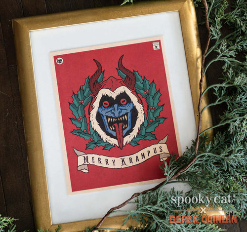 Merry Krampus art print featuring a blue-faced Krampus with red eyes and horns framed by holly on a red background with a holiday banner.