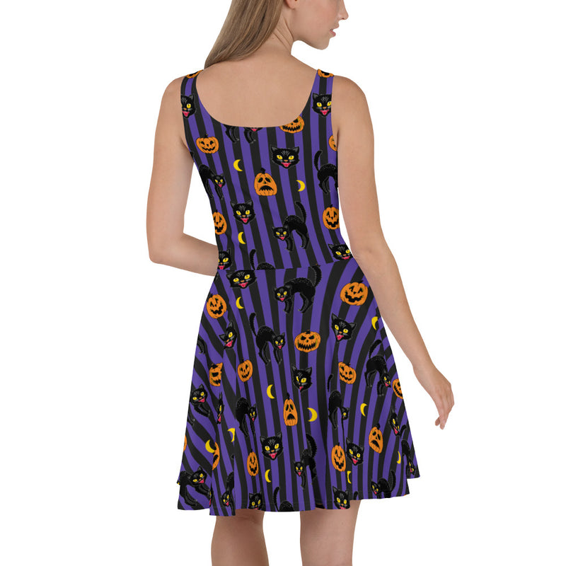 Vintage Black Cat Halloween Dress with Pumpkins