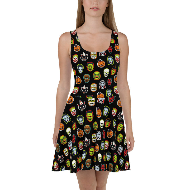 Vintage Halloween Mask Skater Dress Spooky Cat Press Vintage Halloween Mask Skater Dress Spooky Cat Press