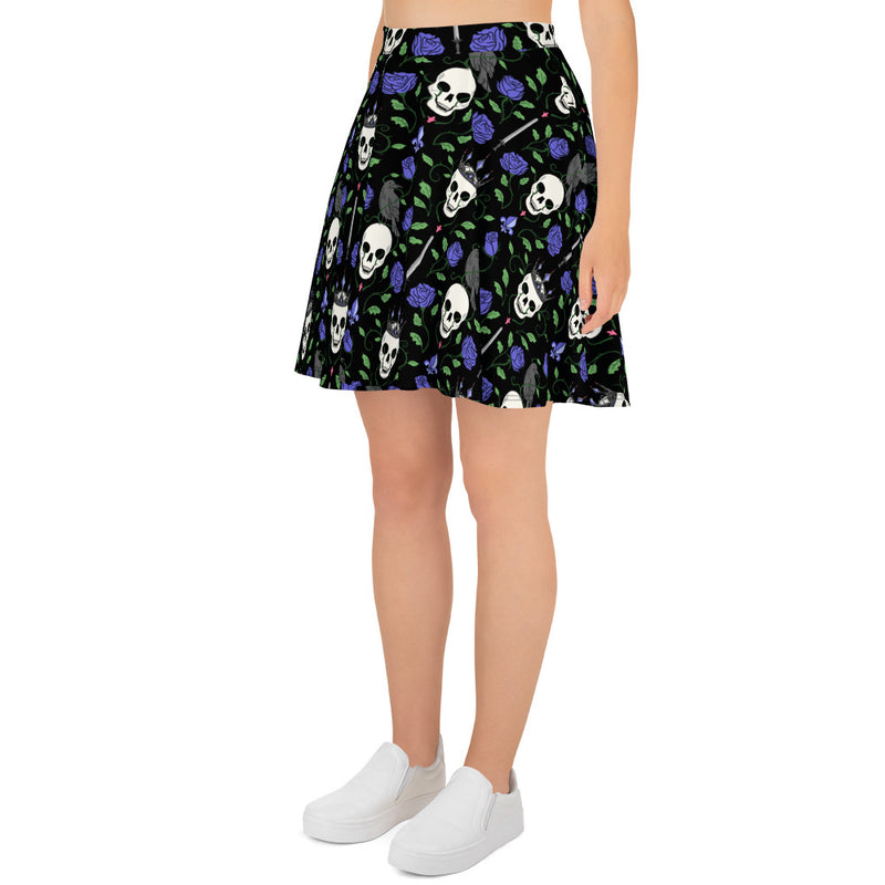 Blue Rose & Skull Skater Skirt