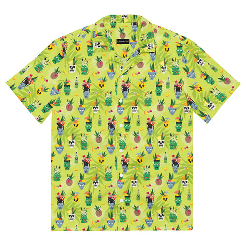 Monster Tiki button up shirt featuring classic monsters as tiki cocktail mugs