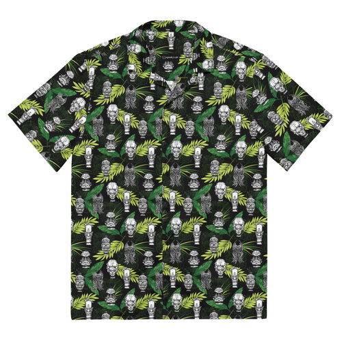 A tropical twist on horror icons! This Spooky Tiki Totem shirt blends monsters with tiki art for parties, conventions, or everyday tiki living.