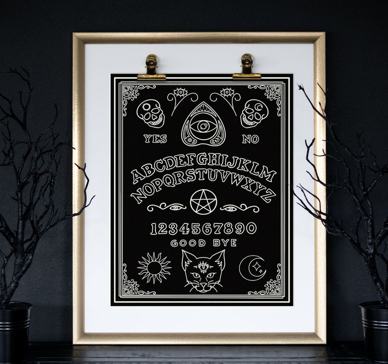 Ouija Board Art Print with Third-Eye Black Cat