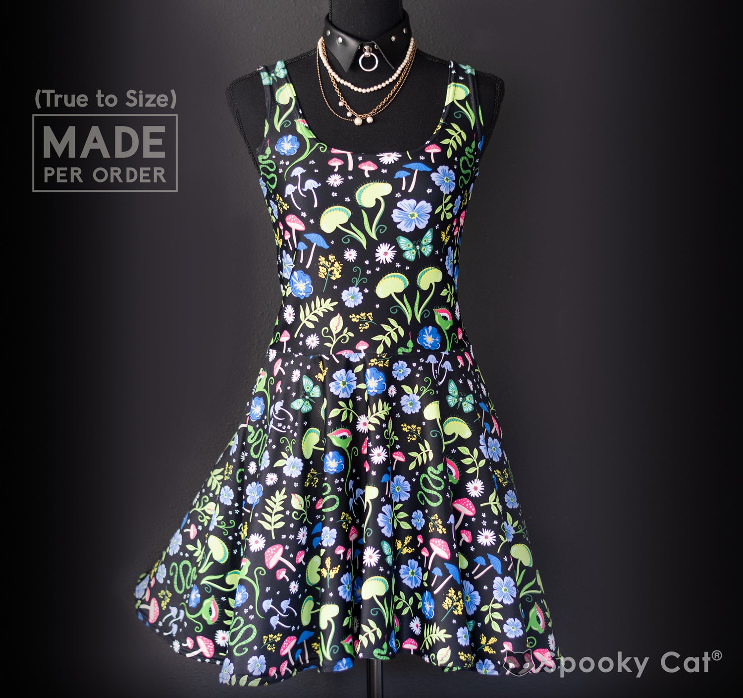 Venus Flytrap and mushroom cottage core printed botanical dress